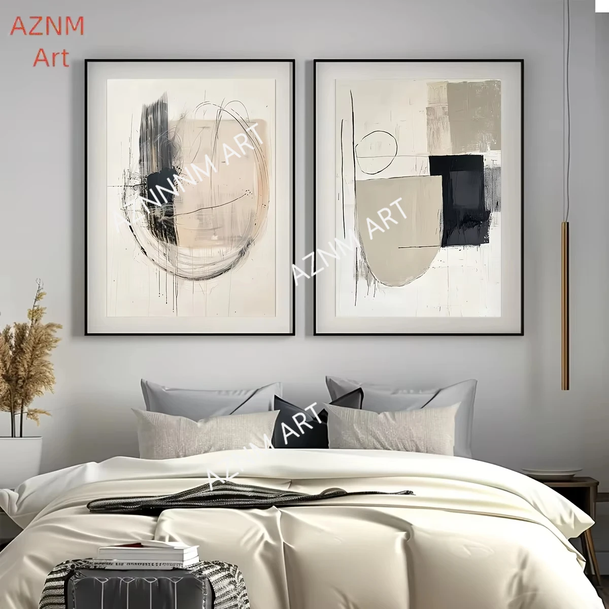 Set of 2 Minimalist Round Geometric Abstract Wall Art Poster Black and Beige Neutral Wall Posters Living Room Bedroom Decor Gift