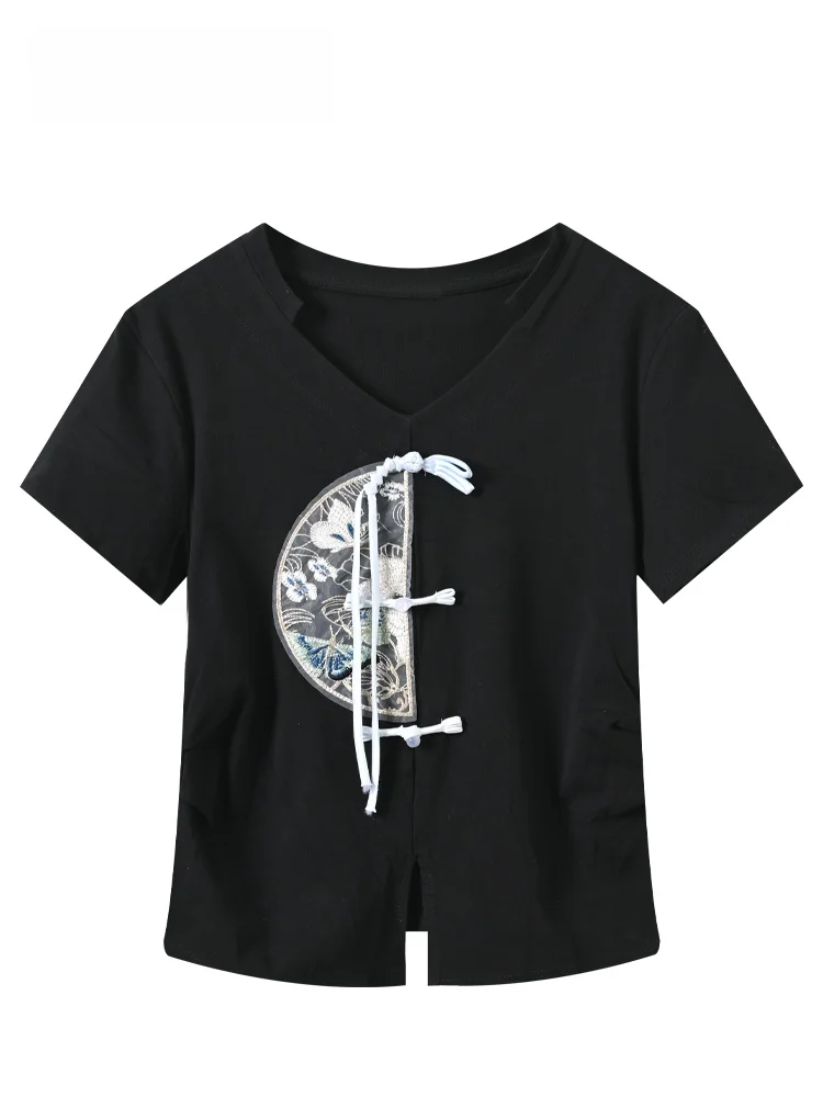 

Chinese Style Short Sleeve T-Shirt Women's plus Size Irregular Top Summer New Style Button Embroidery Polyester Fiber V-Neck