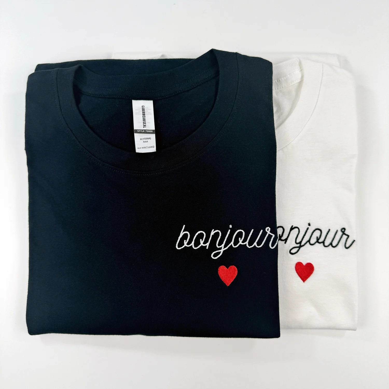 Bonjour Heart Embroidered Short Sleeve T Shirts Women Summer Loose 100% Cotton Elegant Tops Tees French Vintage Causal Shirt