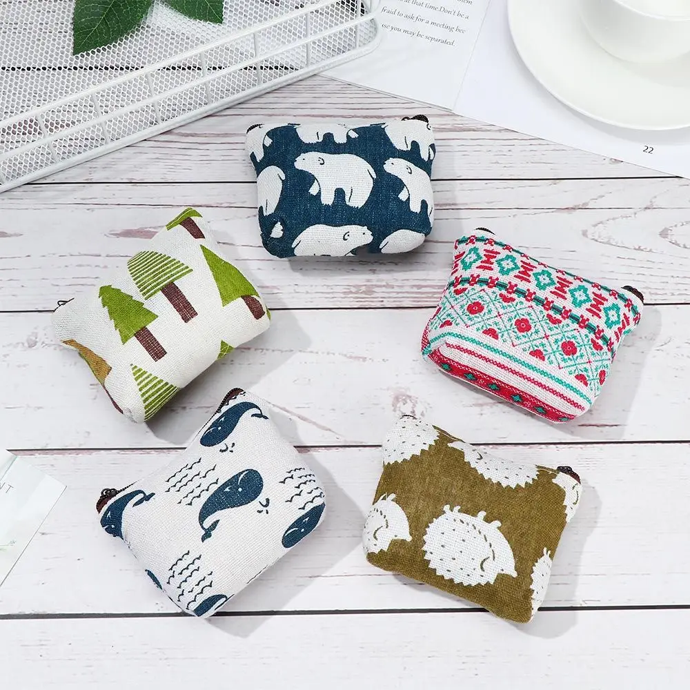 Pastoral Floral Earphone Case Key Pocket Travel Makeup Bag Canvas Coin Purse Cartoon Animal Pattern Small Zipper Wallet
