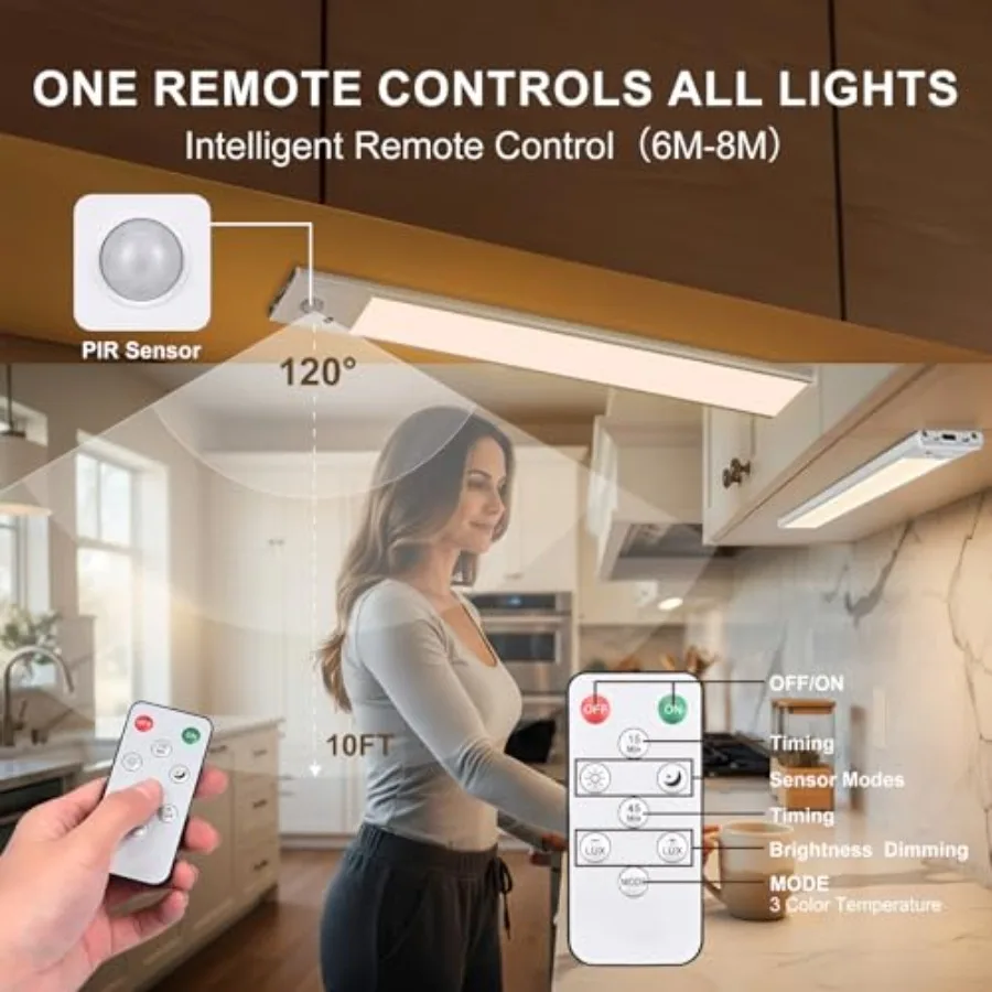 12 inch Under Cabinet Lighting 4 Pack, Wireless Motion Sensor LED Closet Light with Remote, USB-C Rechargeable, 3 Color Tempera