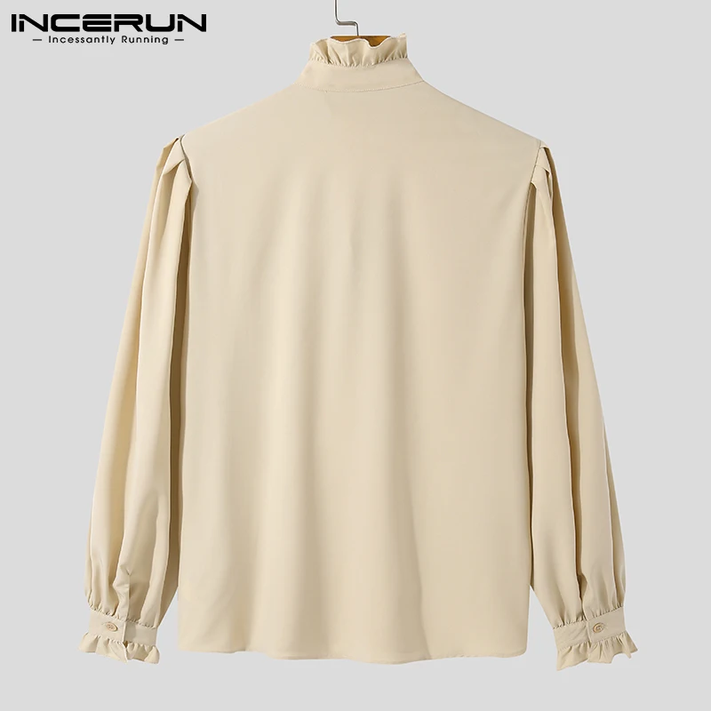 INCERUN 2024 Men Shirt Stand Collar Solid Color Ruffle Long Sleeve Casual Men Clothing Streetwear Elegant Fashion Camisas S-5XL