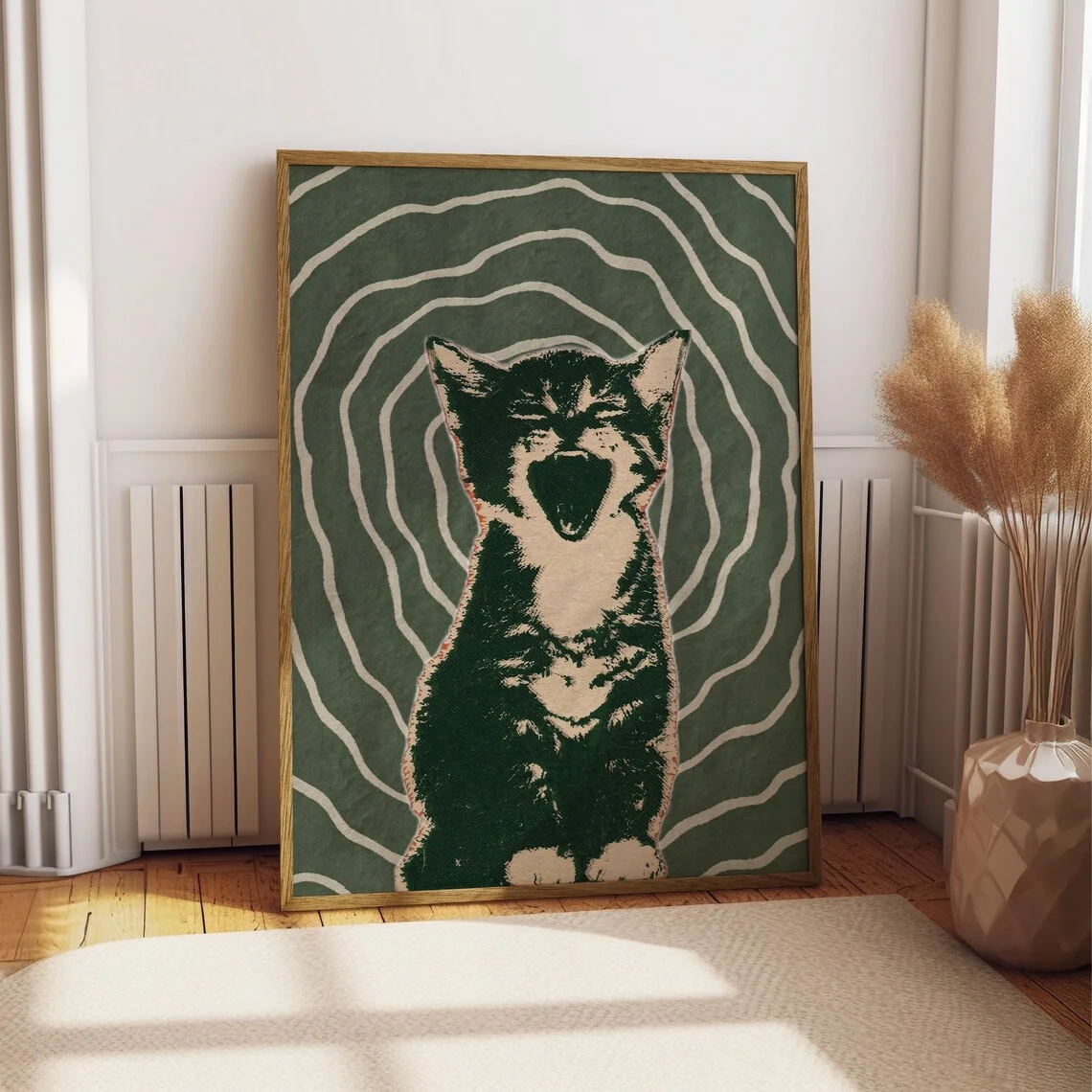 Retro Cat Print, Funny Laughing Cat Wall Art, Trippy Green Wavy Cat Poster, Quirky Humorous Animal Decor, Eclectic Groovy Cat