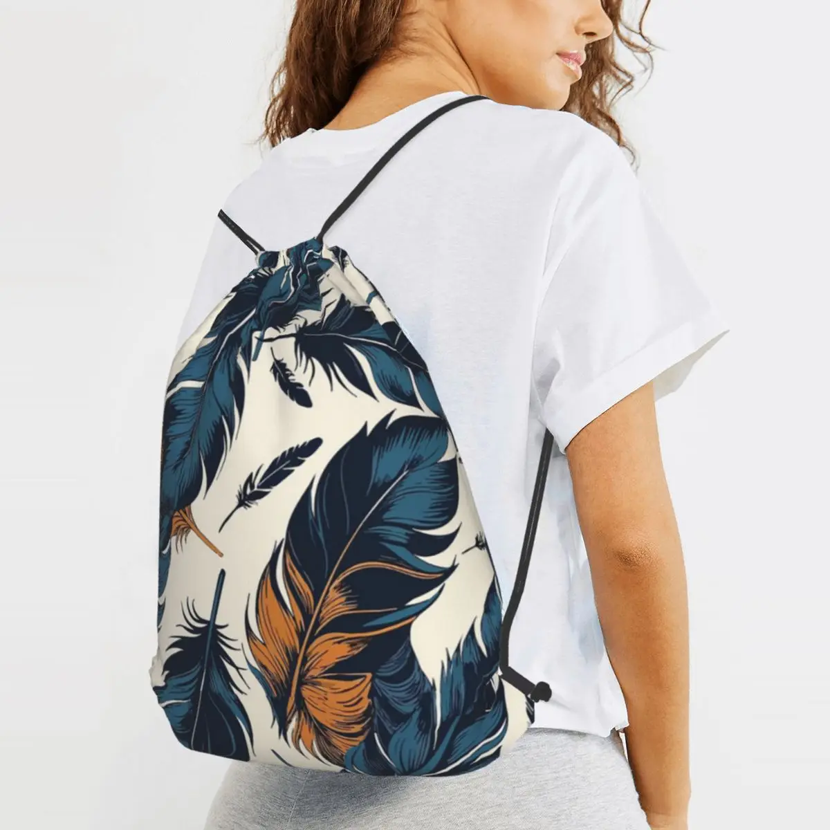 Feather Pattern Backpacks Multi-function Drawstring Bags Sports Bag Book Bags for Man Woman Students