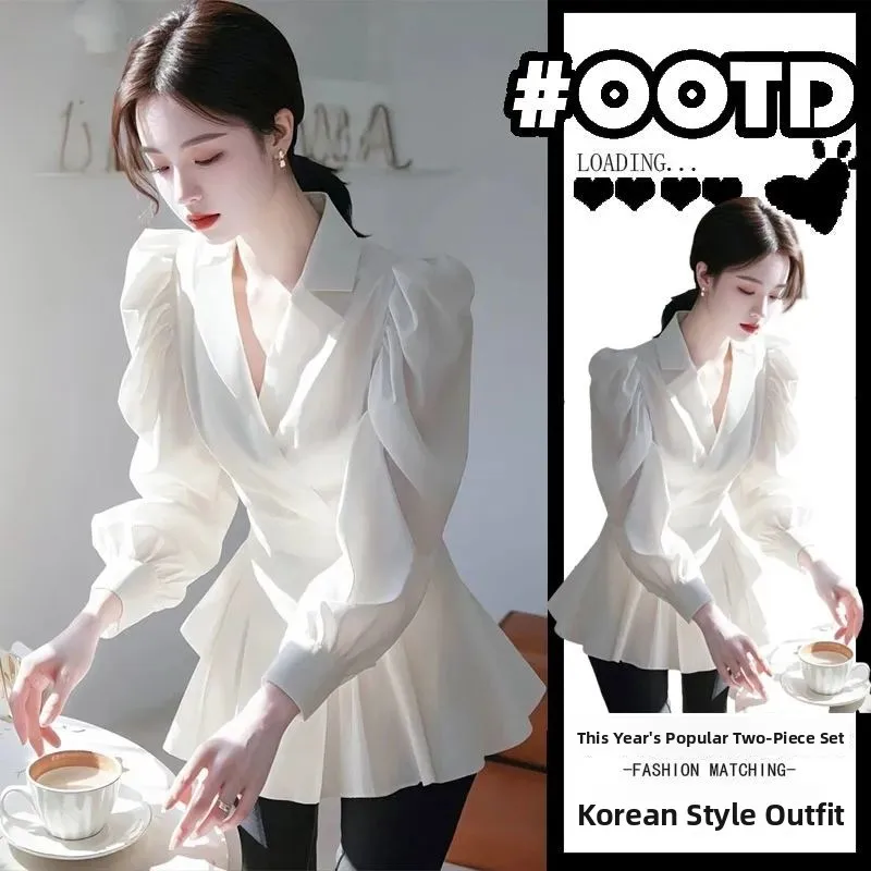 

Ele Women's irt 2025 Spring New Sle Dopane Beautiful Top High-End Feeling Good Looking Polyester Fiber Long Sve