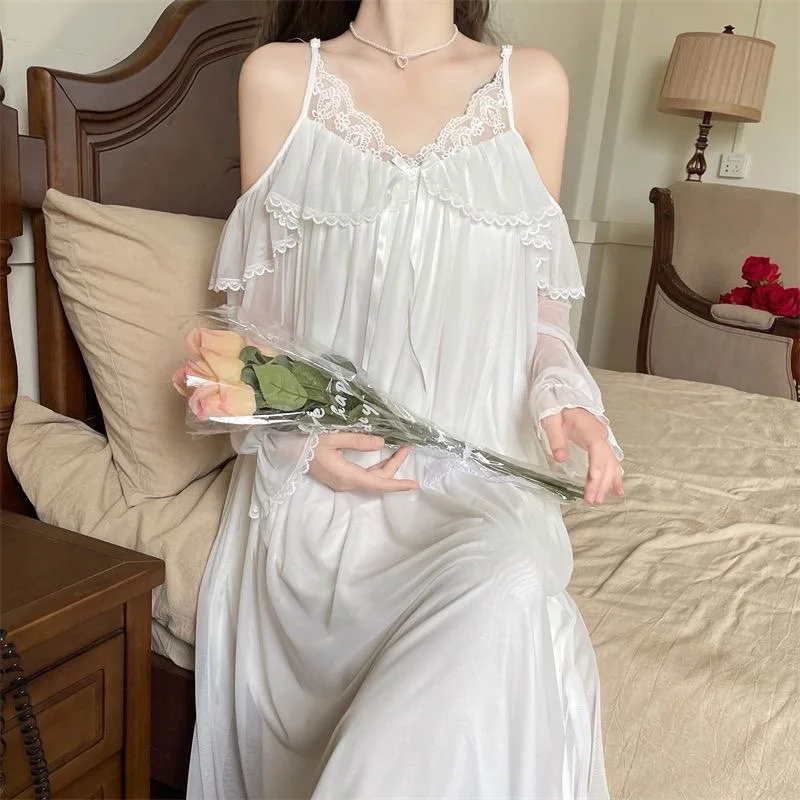 Womens Lace Nightgown Off-the-shoulder Home Dress
