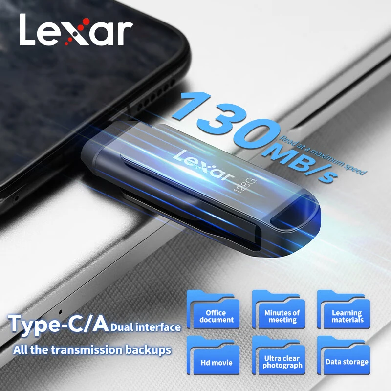 محرك Lexar JumpDrive المزدوج USB 3.1 Type-C 64GB 128GB 256GB 512GB حتى 130 برميل/الثانية للكمبيوتر الشخصي المعدني iPhone 15 تصميم دوار