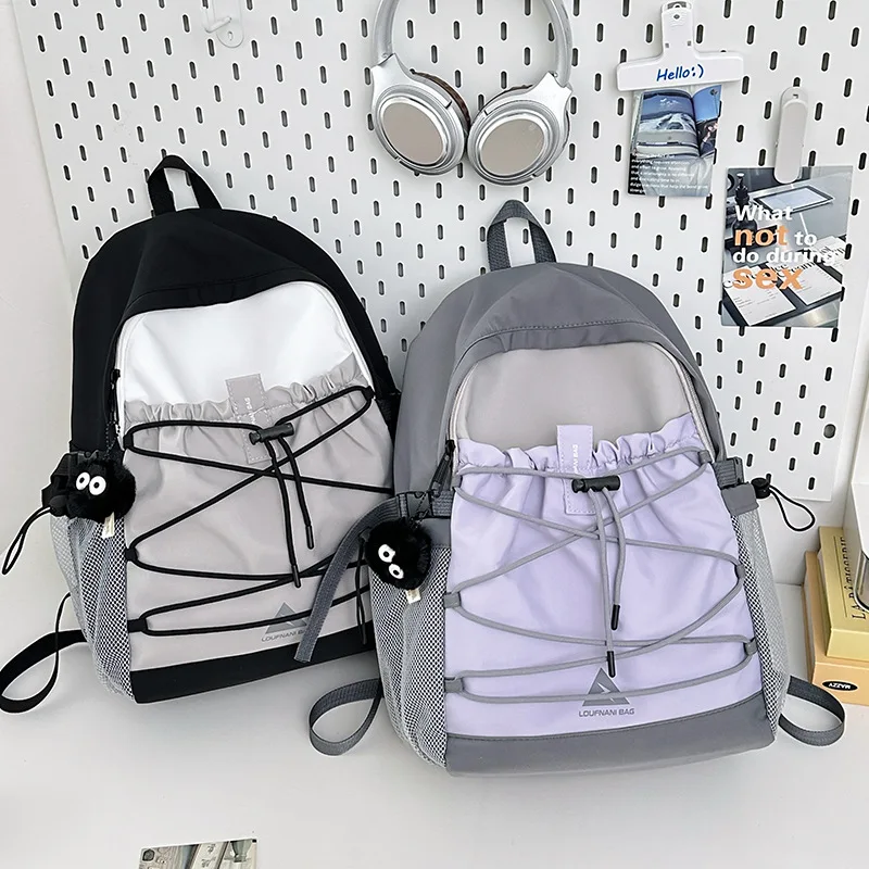 B Women Color Block Backpack Cute Drawstring Design School Bag Lightweight Casual Travel Rucksack for Teen Girls Daily Use