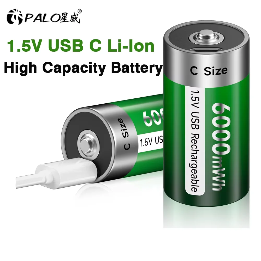 بالو 6000mWh 1.5V C حجم بطارية قابلة للشحن نوع C USB شحن R14 LR14 بطاريات ليثيوم أيون C لمصباح يدوي طباخ الغاز