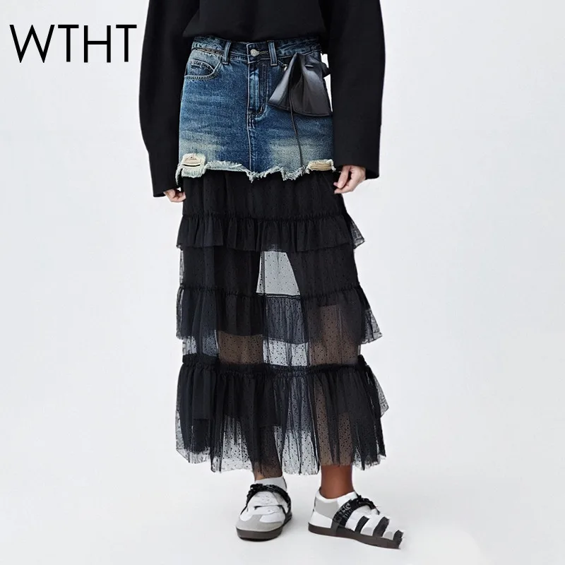 

WTHT Trendy New Women's Denim Spliced Multilayer Mesh Cake Skirts 2025 Autumn Fashion High Waist A-line Skirt Female 1LS2334