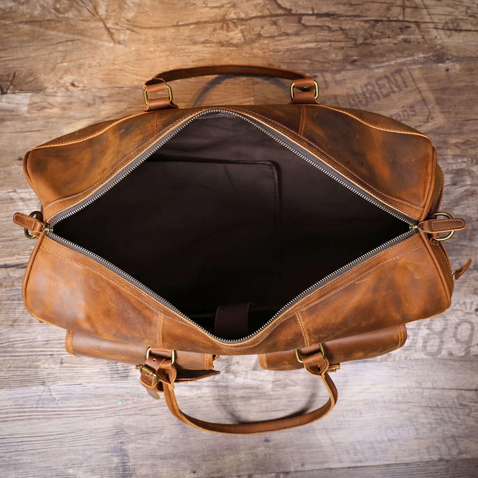 S.WORKER Vintage Echtleder-Reisetasche aus Crazy-Horse-Rindsleder, handgefertigte Weekender-Tasche, Sporttasche – Detail 14