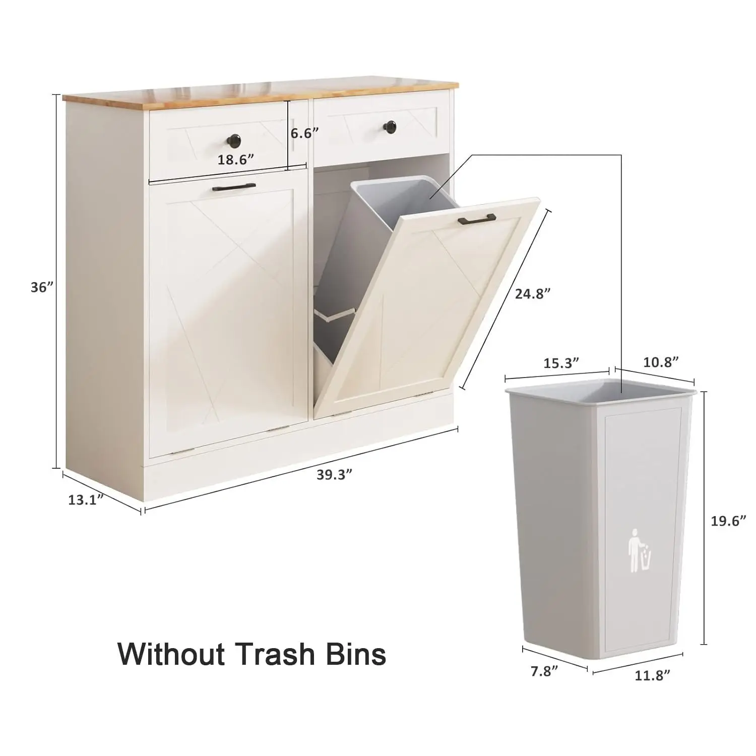 Trash Bin, Dog Proof Hideaway Tilt Out Double Trash Can Holder with Two Drawers, Free Standing Recycling Cabinet