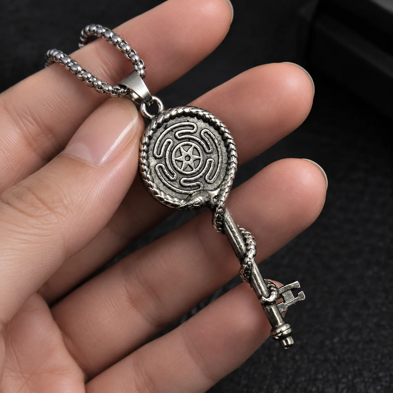 Vintage Snake Wrapped Key Pendant Necklace Hecate Wheel Gothic Occult Punk Box Chain Men Statement Jewelry