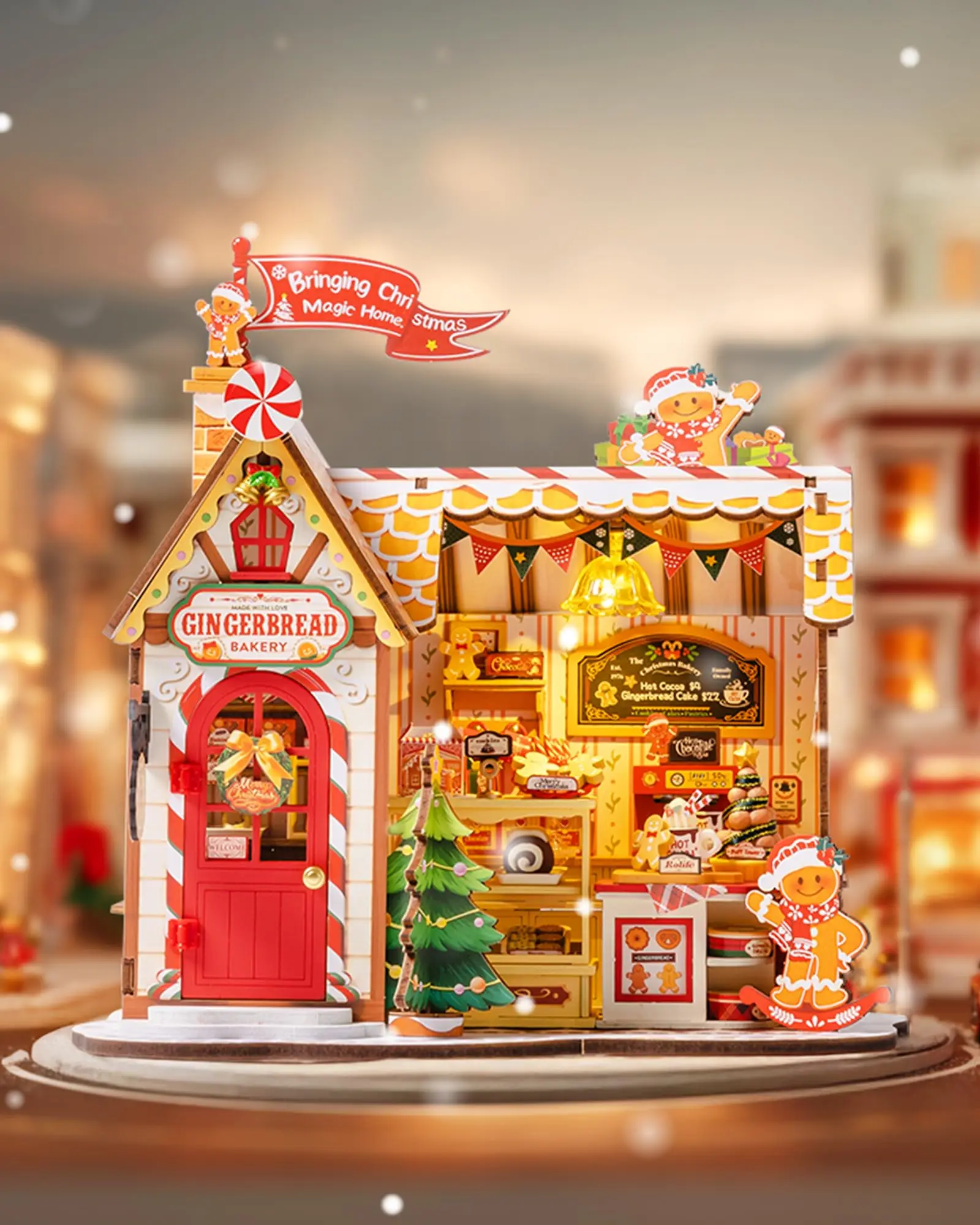 Rolife Casa di pan di zenzero Kit in miniatura fai-da-te Casa delle bambole a tema natalizio con luci per la decorazione domestica Regalo di festa per un amico di famiglia