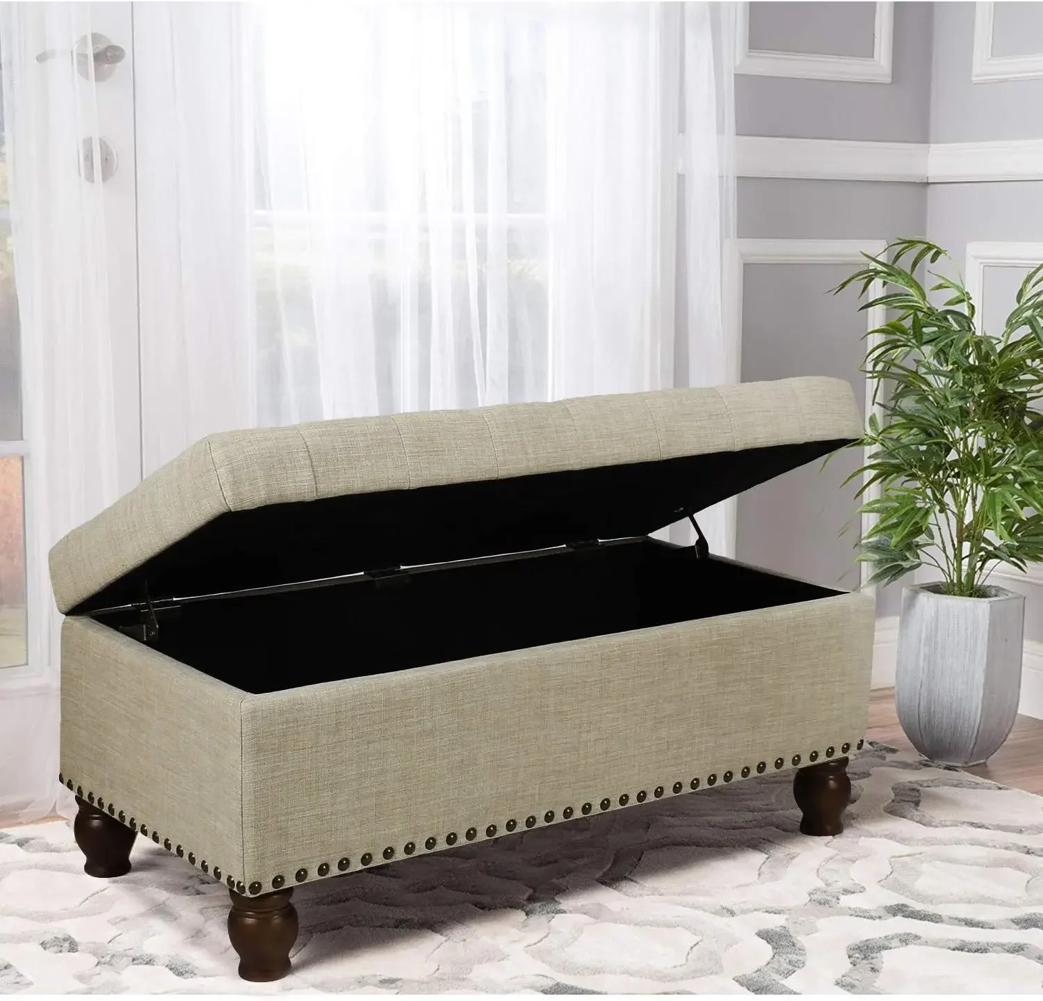 Tecido De Linho Retângulo Tufted Lift Top Armazenamento Otomano, Footstool com pernas de madeira maciça, Banco estofado