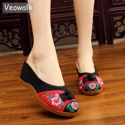 Veowalk Chinese Knot Women Canvas Embroidered Close Toe Wedge Slippers Ladies Mid Heel Comfortable  Summer Mules Platform Shoes