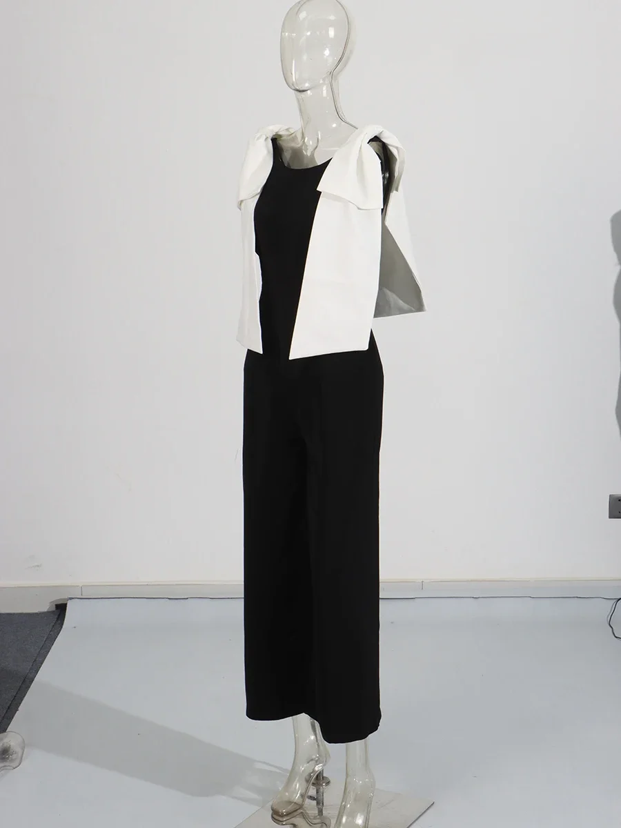 VGH Hit Color Patchwork Tute con lacci per le donne O Collo senza maniche Vita alta Temperamento Tute Stile moda femminile Nuovo