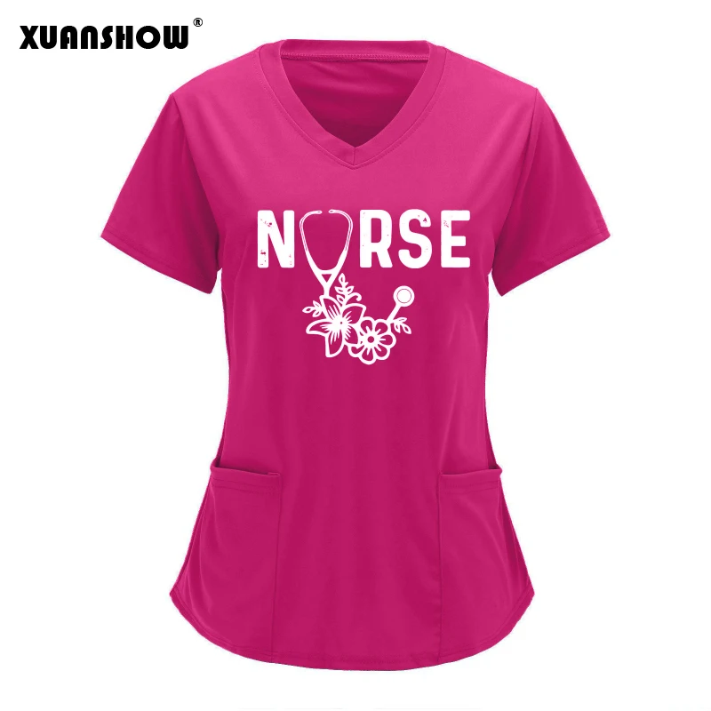 XUANSHOW European and American Nurses Style T Shirt Women Love Graphics Printed Tops V-neck Pockets Short-sleeved Ropa Mujer