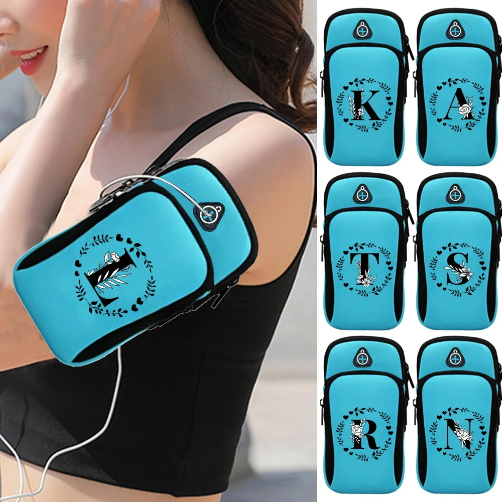 

Phone Arm Bag with Headphone Jack Waterproof Breathable Blue Sports Running Bag Gym Mobile Phone Holder Garland Letter Priting