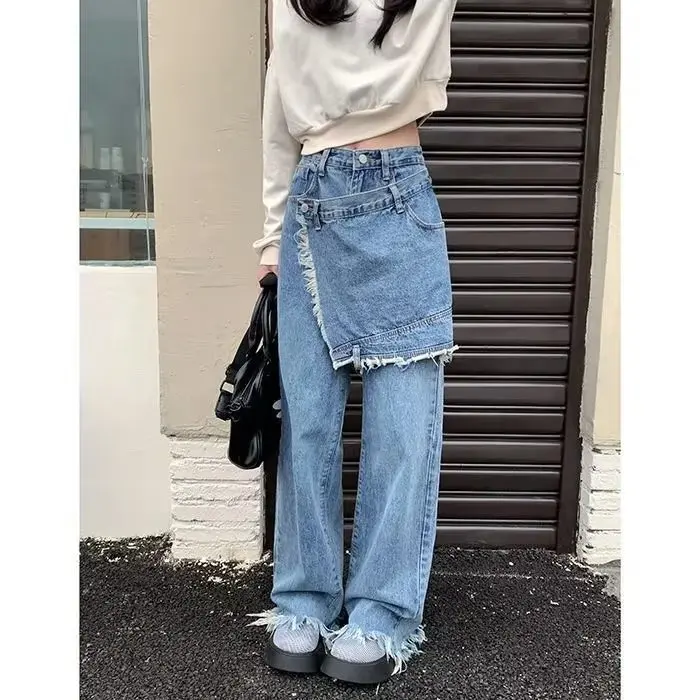 Design sense jeans skirt women's 2022 autumn new Korean version loose fake two-piece pants women's straight wide-leg pants