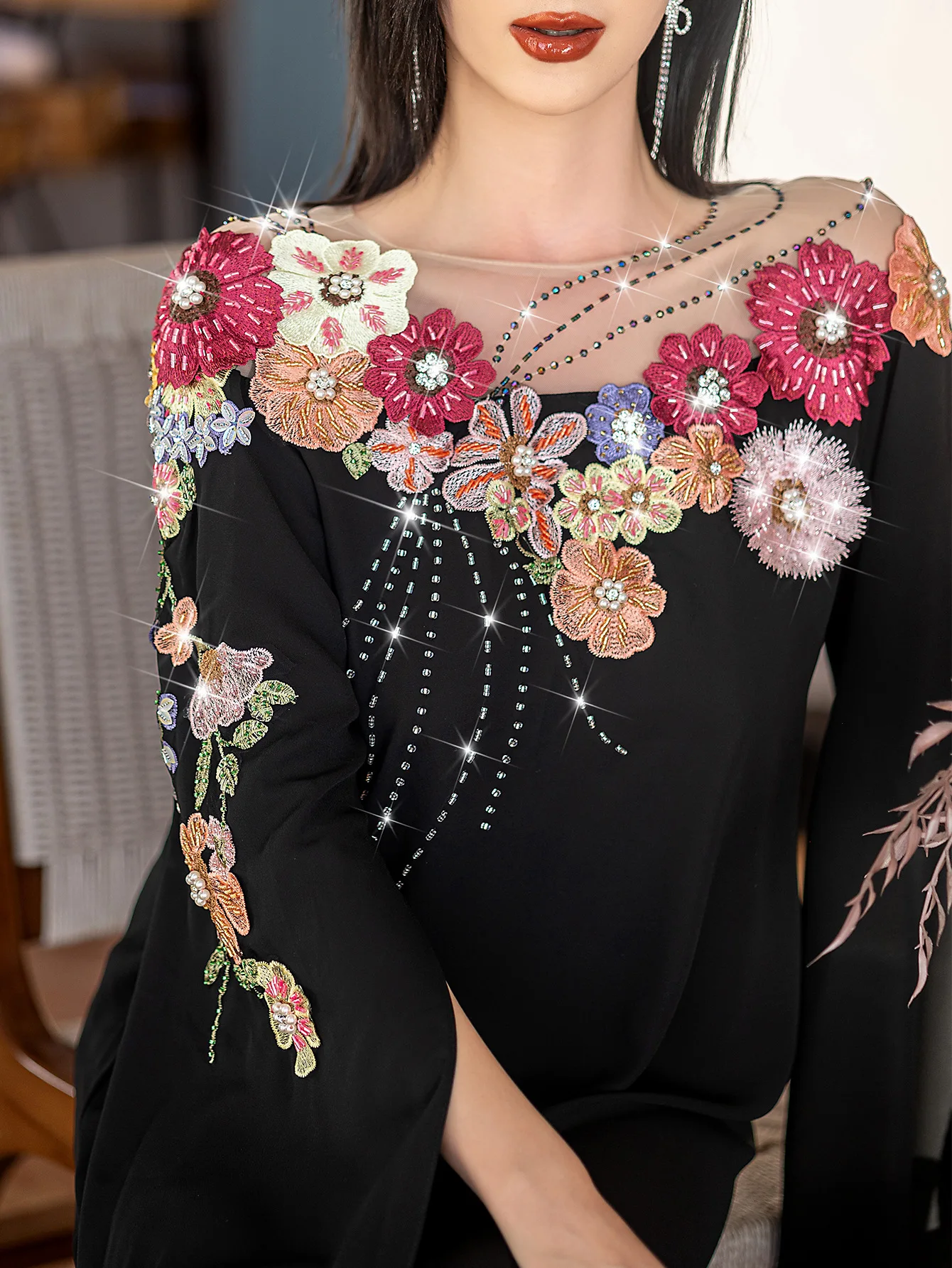 New Spring Dubai Arab Muslim Dress Embroidery Fashion Super Long Sleeve Robe Abayas Evening Kaftan Party Musulmane Femme Vestido
