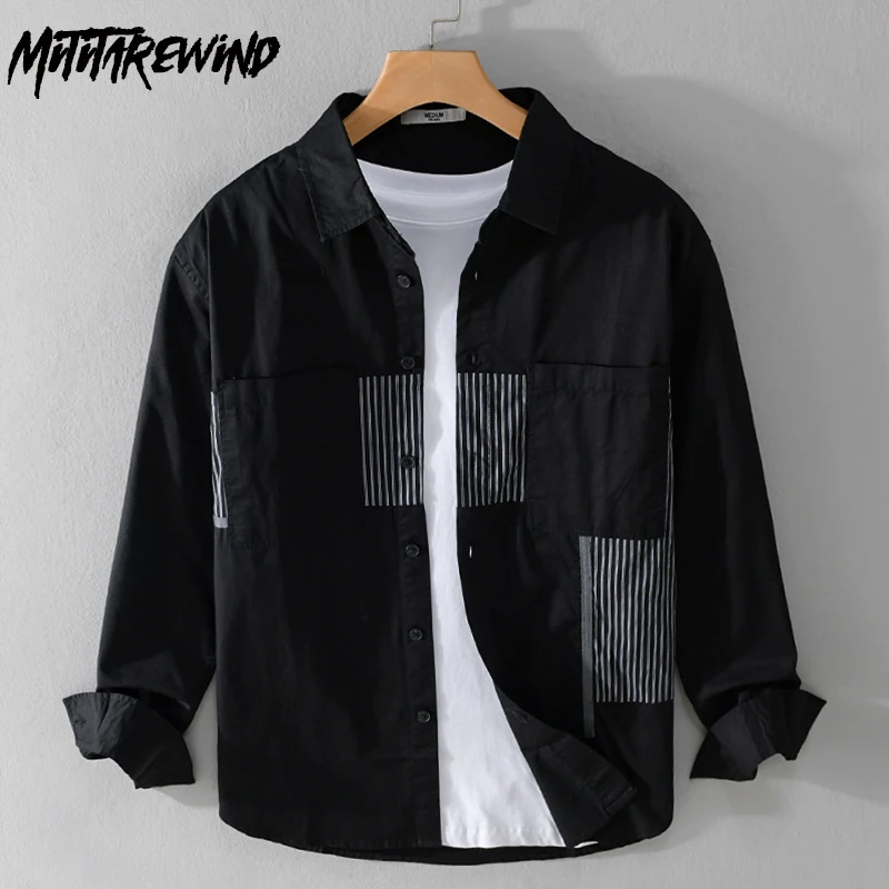 

Spring Summer New Black Shirt Man Street Casual Long Sleeve Shirts Lapel Striped Patchwork Designer Shirt Youth Fashion Tops Men