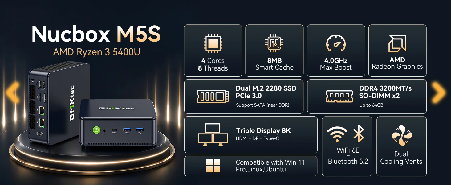GMKtec M5S AMD R3 5400U Mini PC 4-core 8-thread Portable Computer 16GB DDR5 512GB SSD Computer PC Gaming Desktop PC