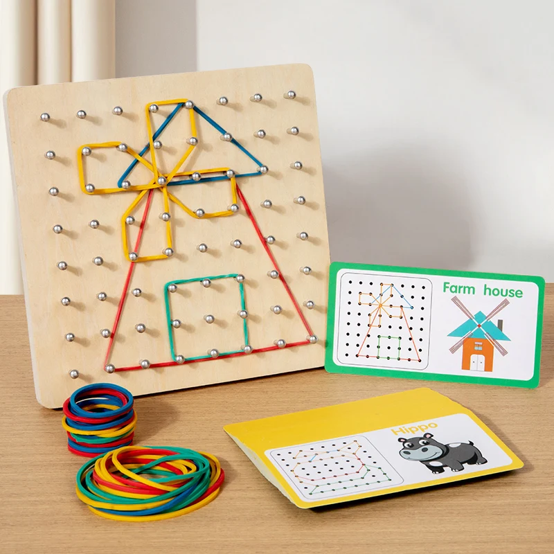 Rompecabezas geométrico de madera, tablero para uñas, gráficos geométricos, matemáticas creativas, juguete Montessori para educación temprana de niños