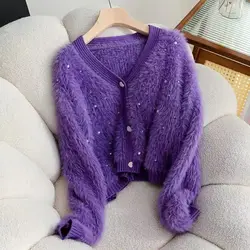 Imitation Mink Fur Wweater Jacket For Women Autumn Winter 2024 New Fashion Nail Bead Loose Short V-neck Knitted Cardigan Jacket