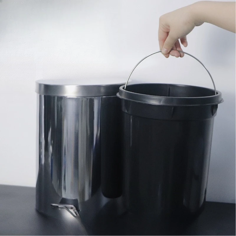Foot pedal stainless steel trash can, home with lid, bathroom, kitchen, living room with inner bucket slowly descending