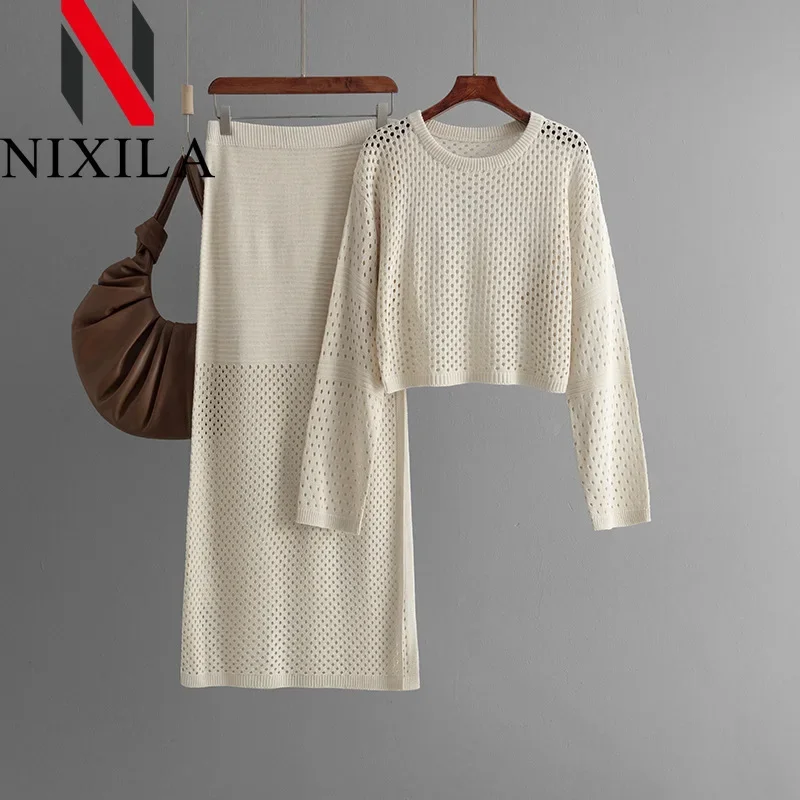 Spring Autumn Knitted Hollow Pullover Fashion Dress Two Piece Sets Womens Outifits Elegant Office Long Sleeved Tops Skirt Sets