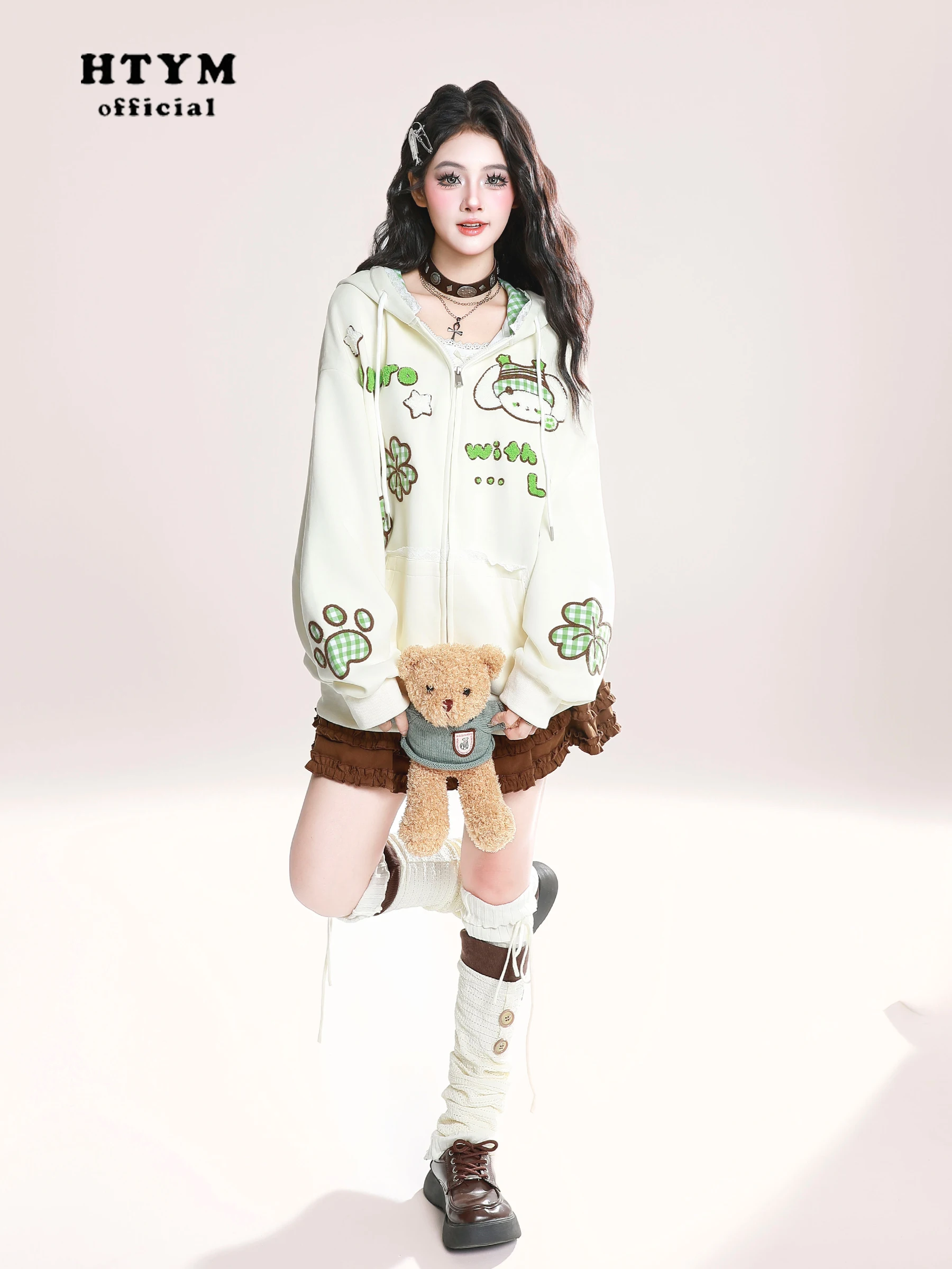 Highstreet Sweet Cool Girl Versatile Casual Hoodies Flocked Lace Plaid Hooded Long Sleeve Zipper Loose Sweatshirts Women Autumn