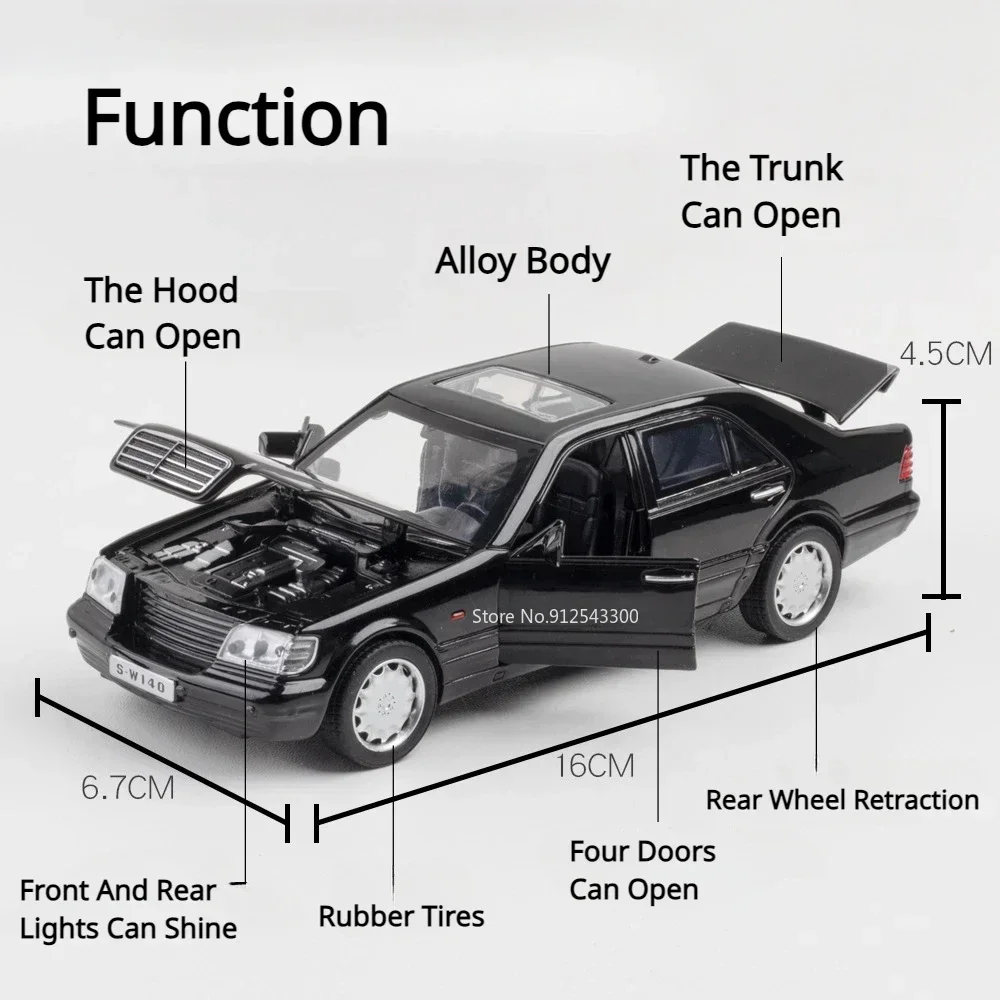 スケール1:32 300SL S-W140 スポーツカーモデルおもちゃ 合金ダイキャスト プルバック サウンドライト ドア開閉可能 車両モデル 子供向けギフト