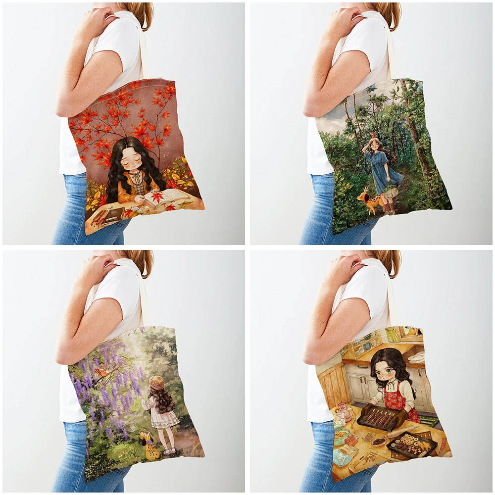 Cute Cartoon Girl Fashion Shopping Shoulder Bag for Women Shopper Bags Double Print Casual Children Canvas Tote Travel Handbag