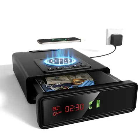 Smart Safe with Wireless Charging for Phone and Watch, Quick Access Stopbox with Backlit Keypad,Auto Open Drawer Gun Lock Box wi