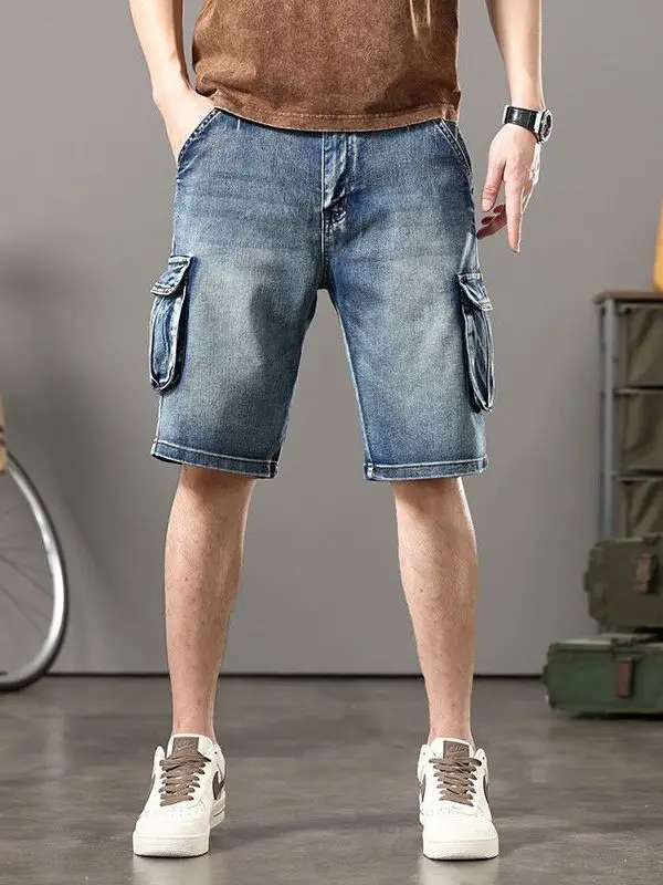 Retro workwear masculino verão denim orts perna reta motocicleta equitação grande ket fino ajuste calças de cinco quartos juventude faion