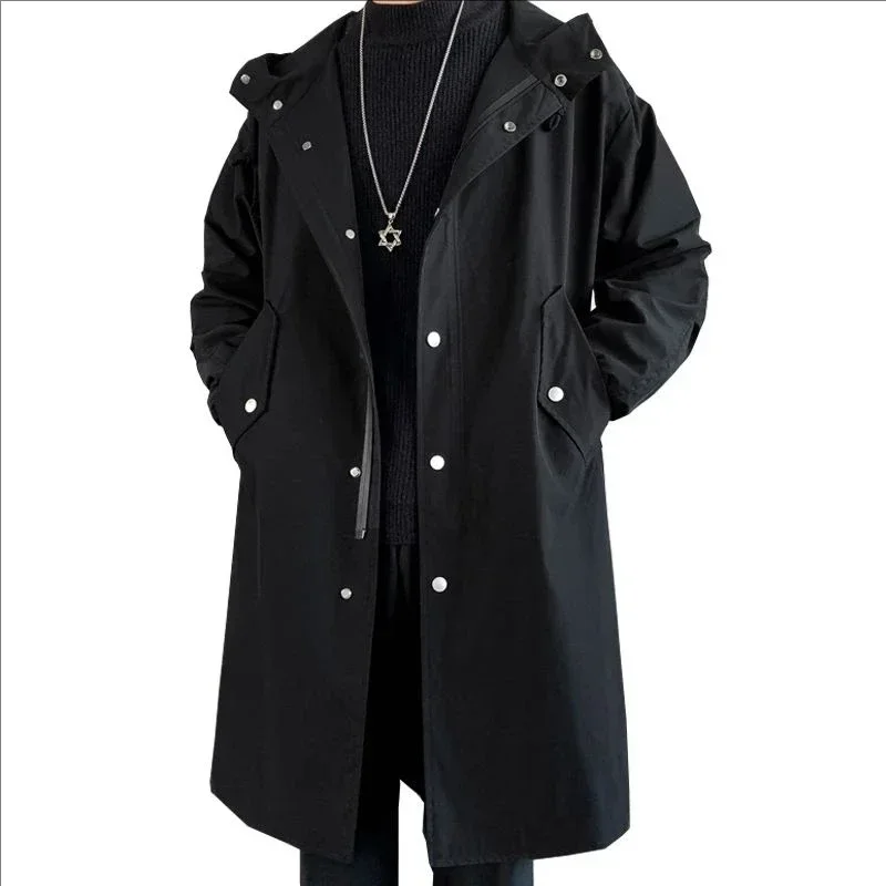 Men's Black Long Hooded Trench Coat Oversized Loose Fit Windbreaker Fashion Casual Waterproof Jacket 2026 New Korean Streetwear