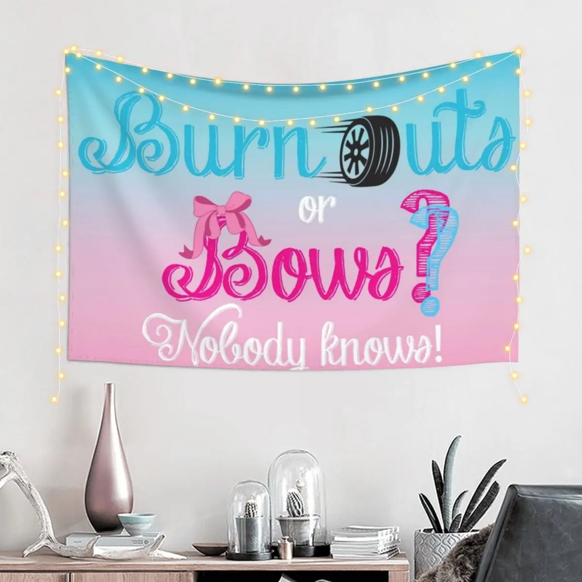 burnouts or bows gender reveal, party backdrop banner Tapestry House Decor Bed Room Decoration Tapestry