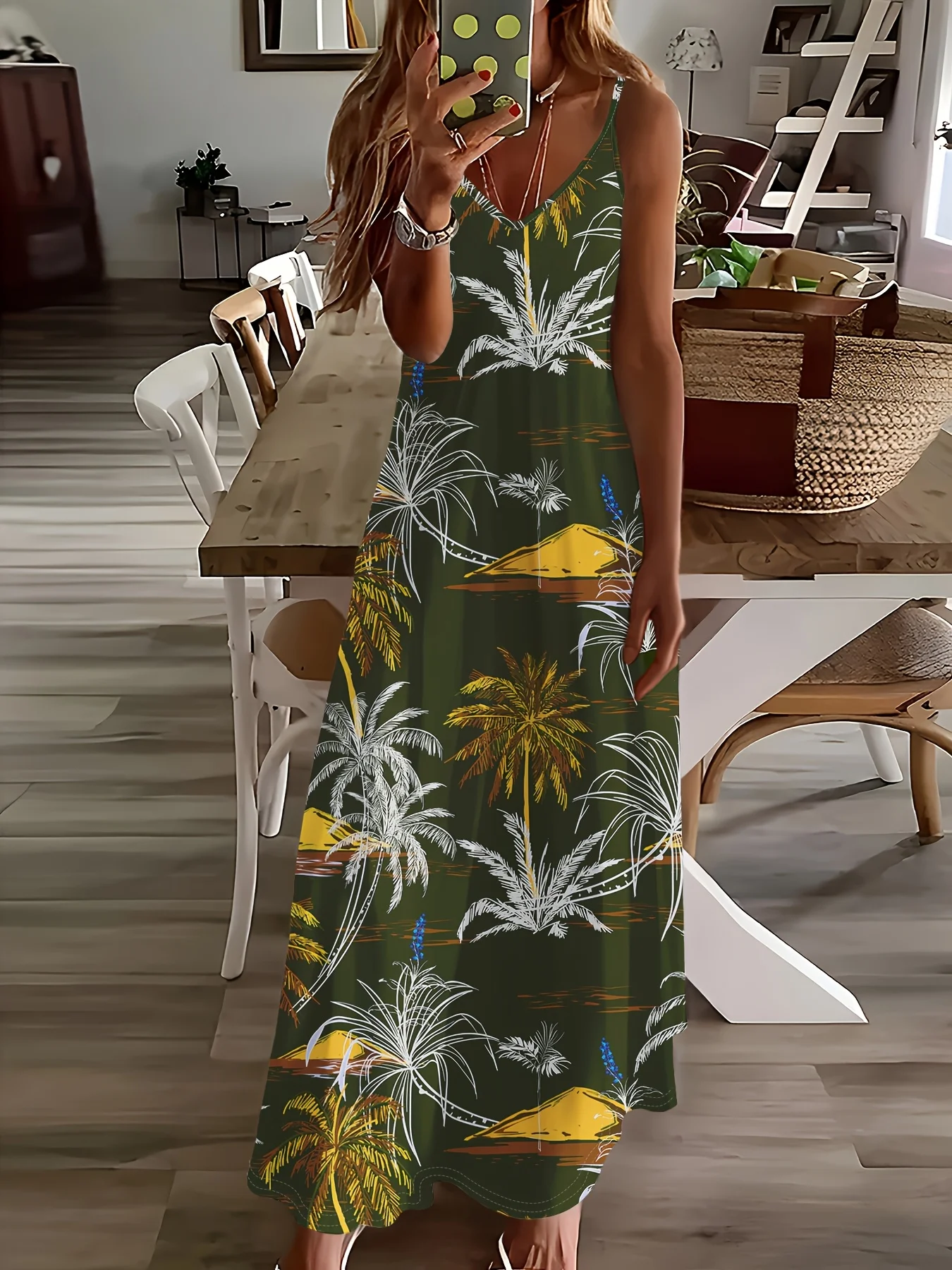 V-Ausschnitt Langarm-Urlaubskleid mit Tropenmuster, Palmen und Vögeln, Sommerkleid für Damen, Lässiges Fließendes Midikleid, Strandparty-Outfit