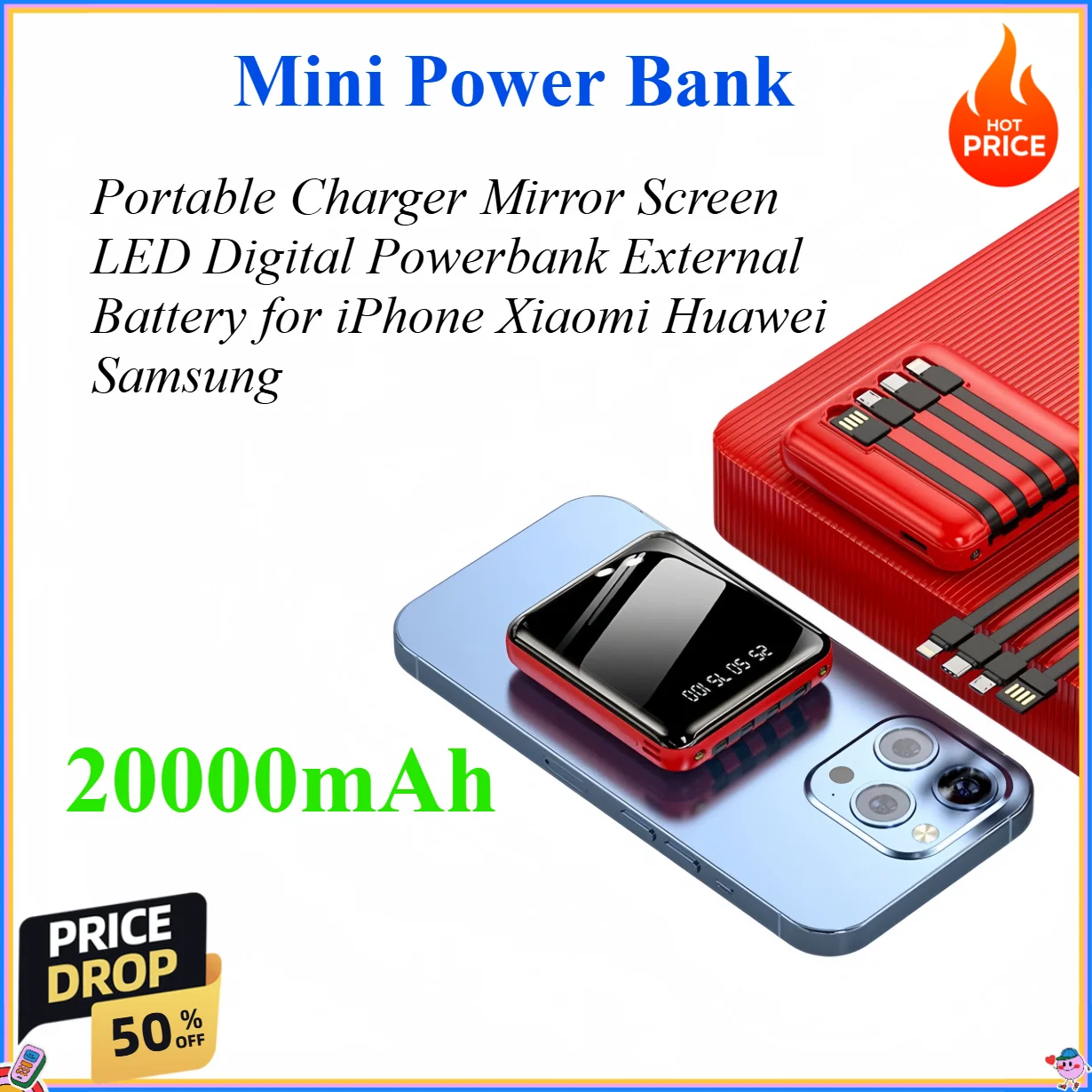 

20000mAh Mini Power Bank Portable Charger Mirror Screen LED Digital Powerbank External Battery for iPhone Xiaomi Huawei Samsung