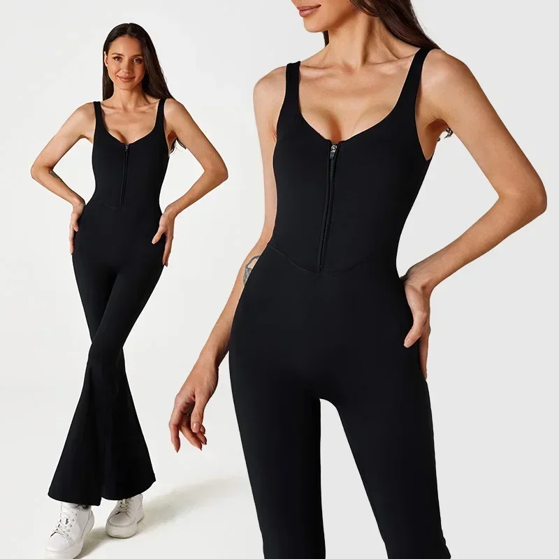 Fitness Jumpsuits Women Sports Bodysuit with Zipper Yoga Suit Sportswear Flared Leggings Pants Training One Piece Gym Rompers