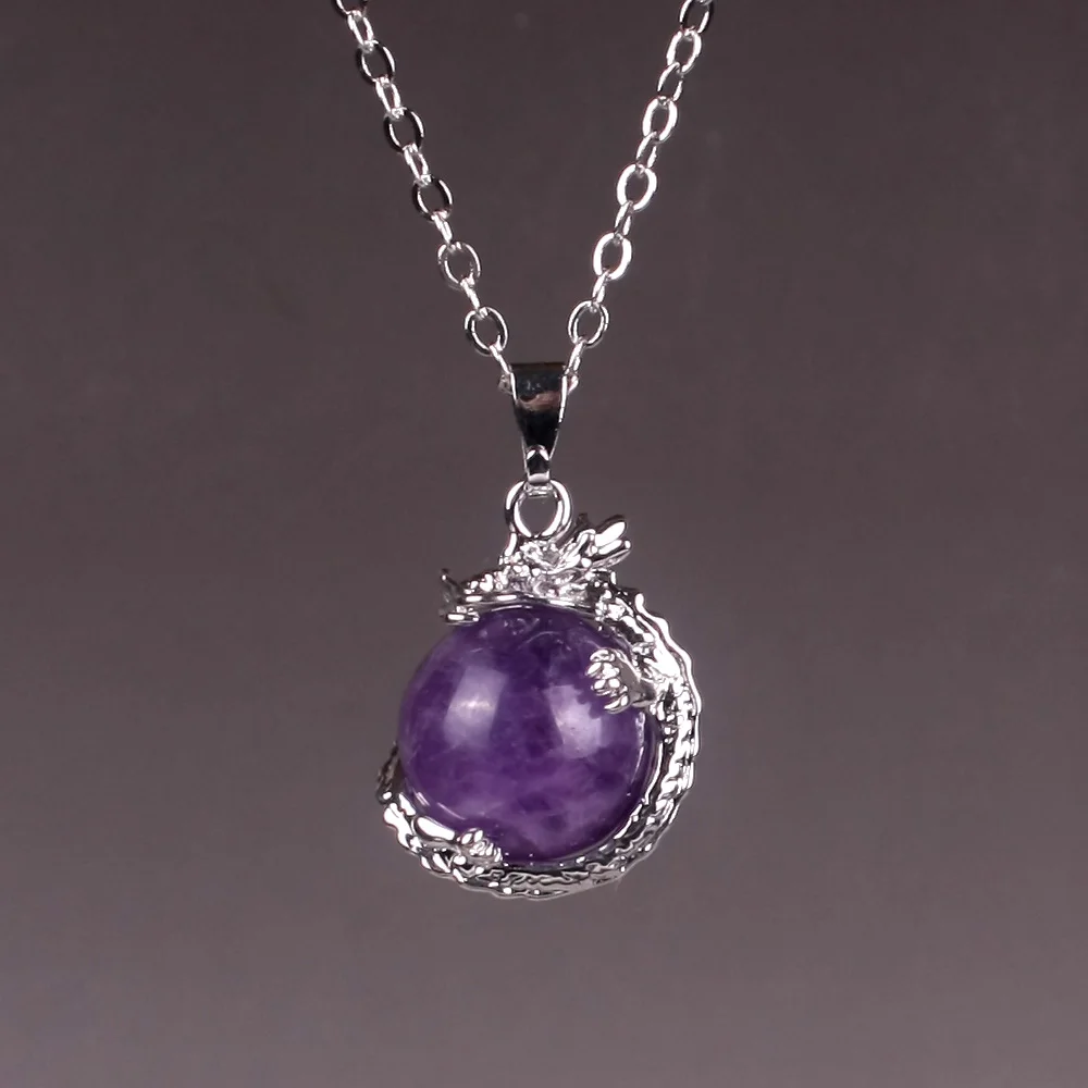 1PCS  Dragon Alloy Natural Stone 16mm Beads Pendant Necklace Amethyst Crystal Quartz Healing Energy Meditation Men Jewelry