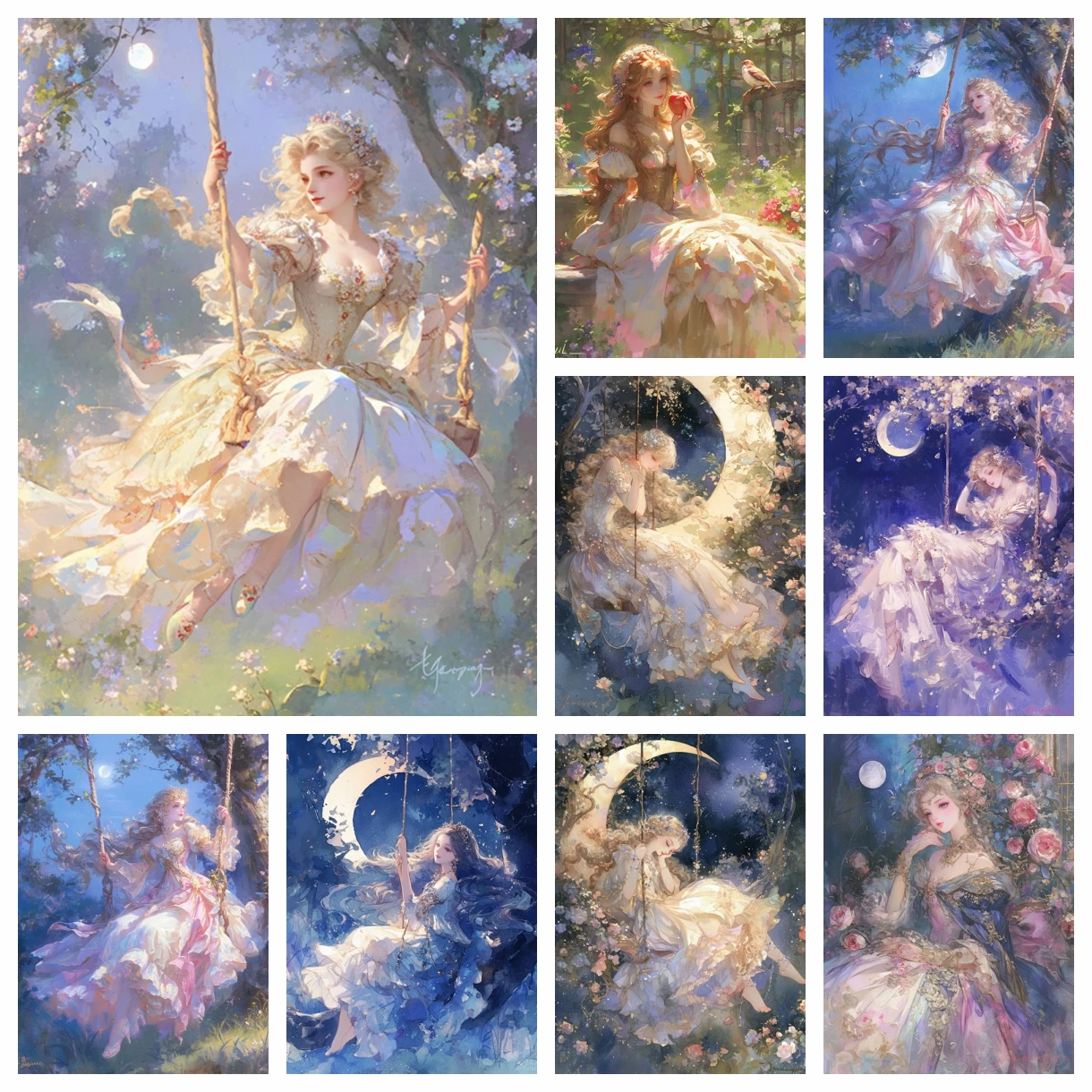 

DIY 5D Diamond Painting New 2024 Girl On Swing And Moon Embroidery Jewelry Mosaic Cross Stitch Home Decor Children's Gift Crafts