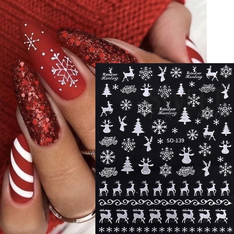 Silver Christmas Nail Art Stickers 3D Winter Tree Snowflake Elk Cartoon New Year Decals Self-Adhesive Sliders DIY Manicure Decor