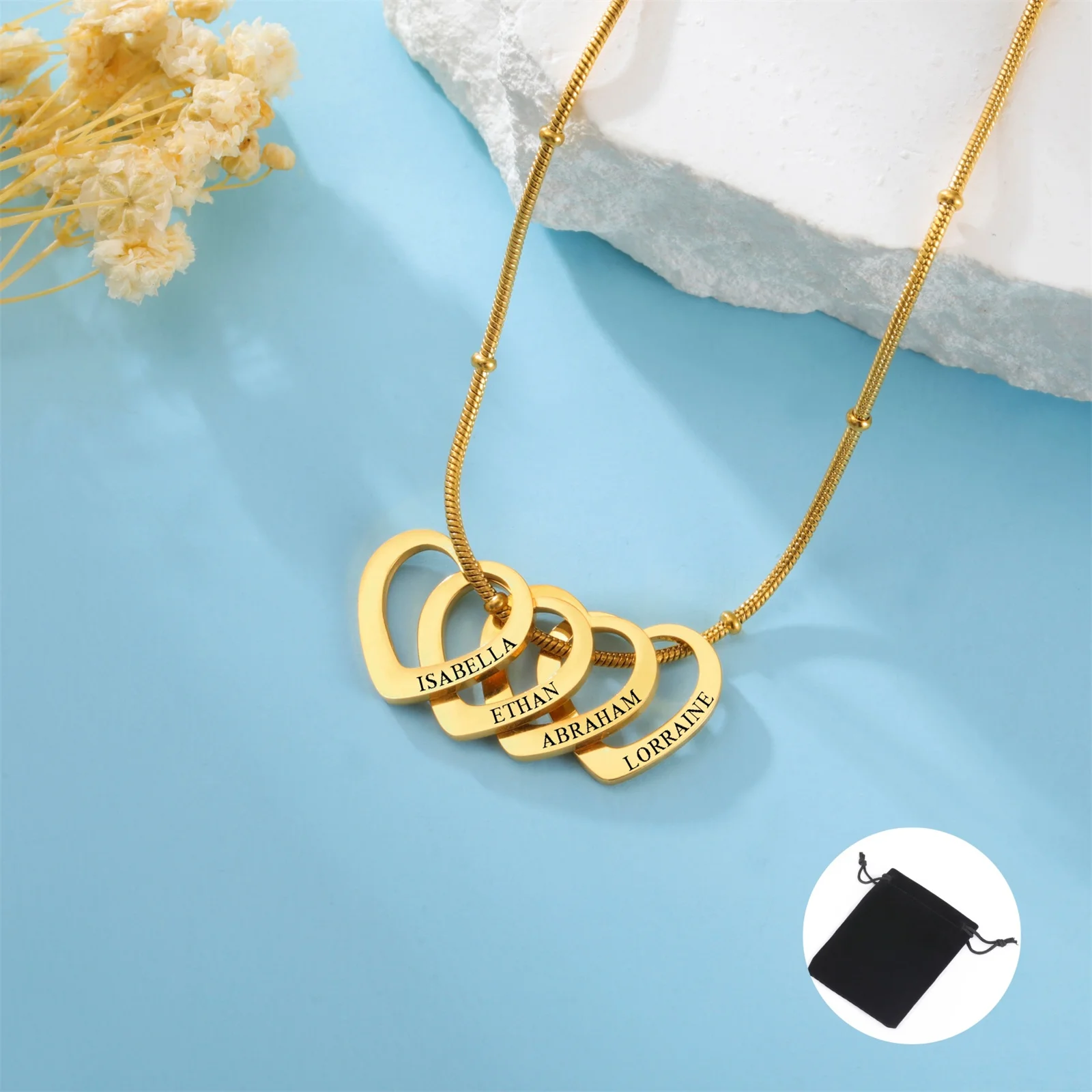 Collar de amor con fecha y nombre personalizado, acero inoxidable, tallado personalizado, nombre 1-4, collar de amor en forma de corazón, regalo familiar para pareja