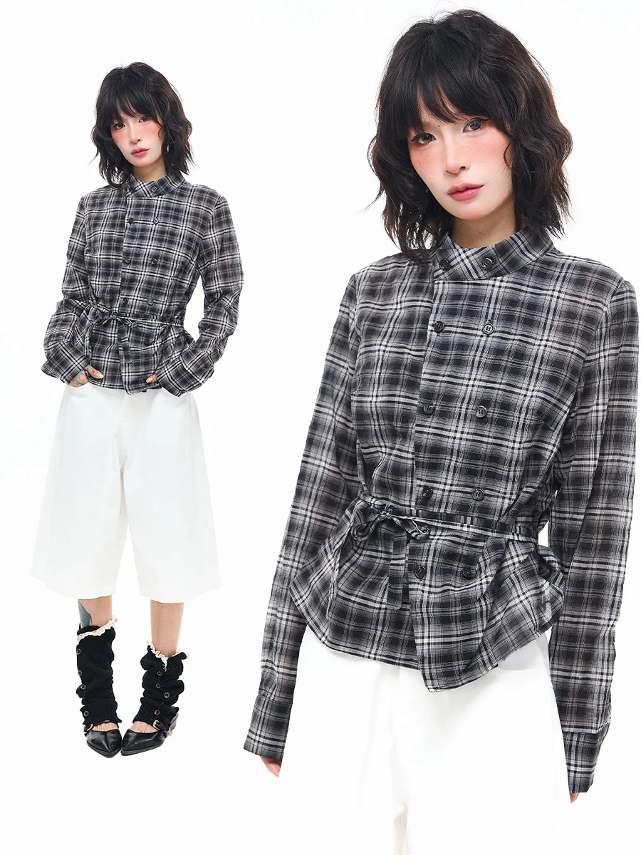 

Sanowers American Retro Plaid Double Button Long Sve irt Women's Spring Autumn Slim Waist Cinched Spicy Girl Blouse