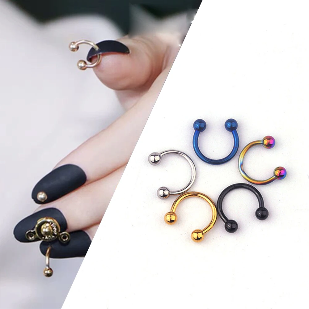 10Pcs C-Type Piercing Nail Charms 1X8X3mm Metal Nail Perforated Alloy 5Color 3D Punk manicure Perforating Jewelry Decorations*-J