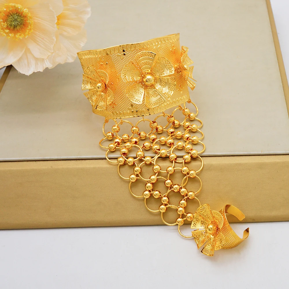 GDJWRI Dubai Wholesale Luxury Gold Color Bangles With Ring For Women Indian Charm Bracelet Jewellery Arabic Wedding Party