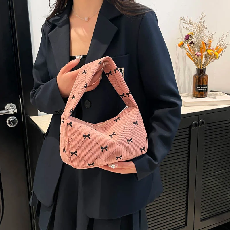 1pc Women Small Underarm Bag Corduroy Handbag Cute Heart Print Little Tote Mini Shoulder Bags