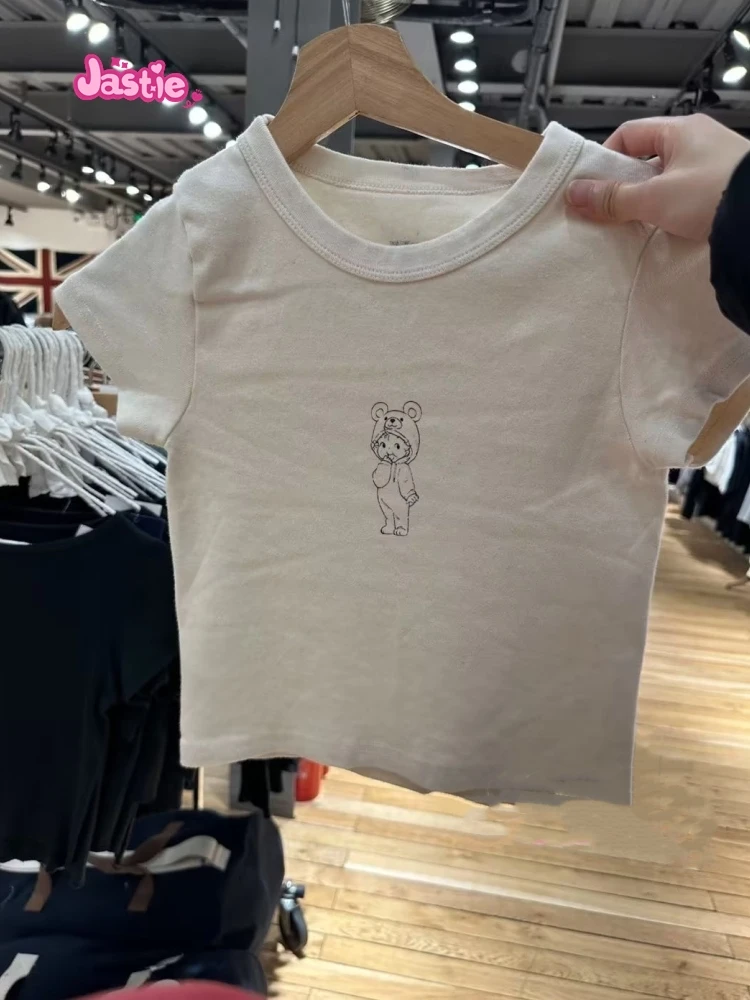 Sweet Women Beige Little Angel Printed Short Tees 2024 Summer Fashion Ladies Casual O Neck Female Vintage Short Sleeve Slim Tops